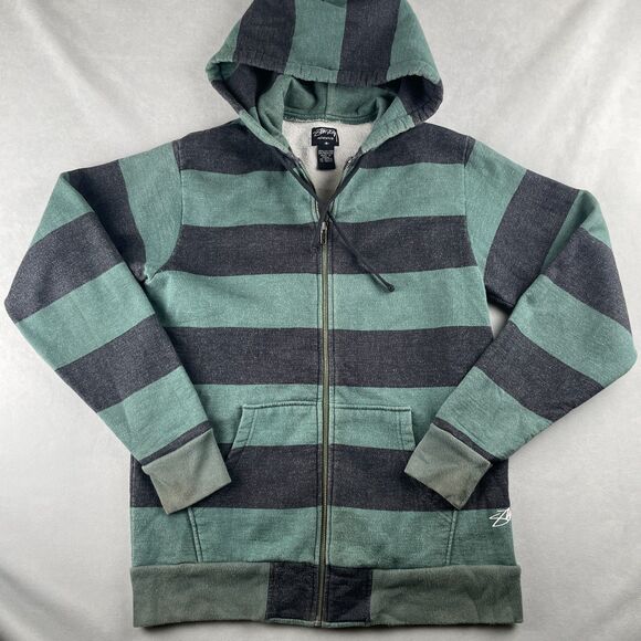 Stussy Hoodie Men M Green Black Striped Full Zip Fleece Lined Drawstring Y2K 90s - Picture 1 of 8